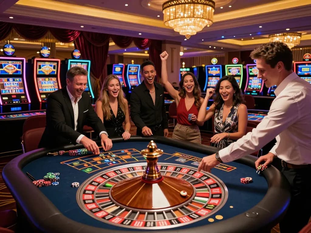 Pemain Leci123 terlibat dalam strategi roulette di kasino yang hidup dengan lampu berwarna-warni.