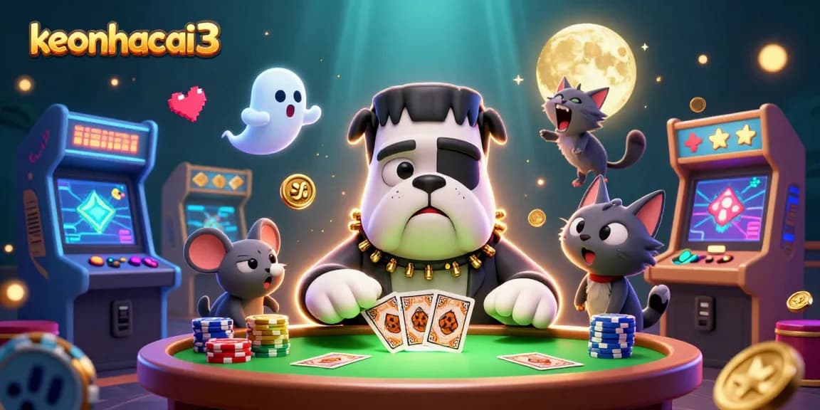 Engage in keonhacai3 with lively 3D cartoon characters in a casino-themed showdown full of cards and excitement.