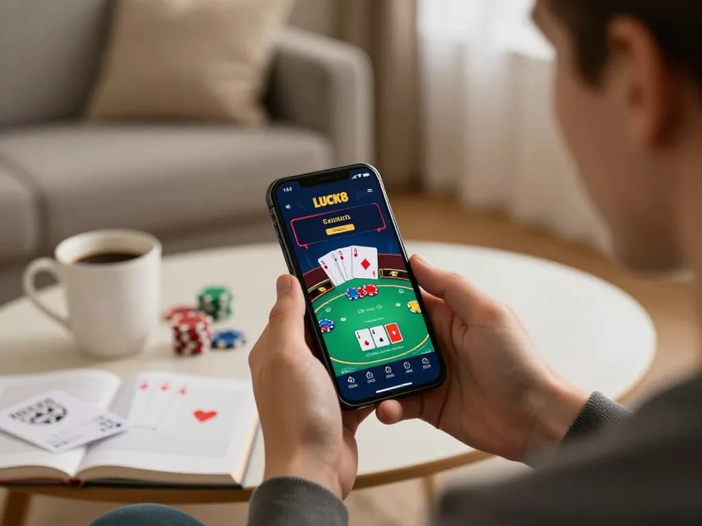 Player using the LUCK8 app for poker on a smartphone in a cozy living room.