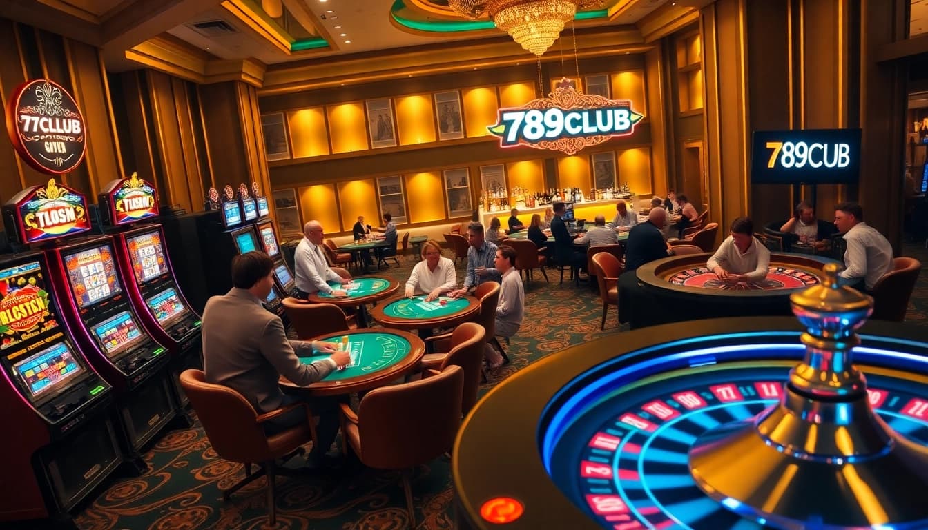 Engaging gamblers experiencing excitement at 789CLUB casino tables and slot machines.