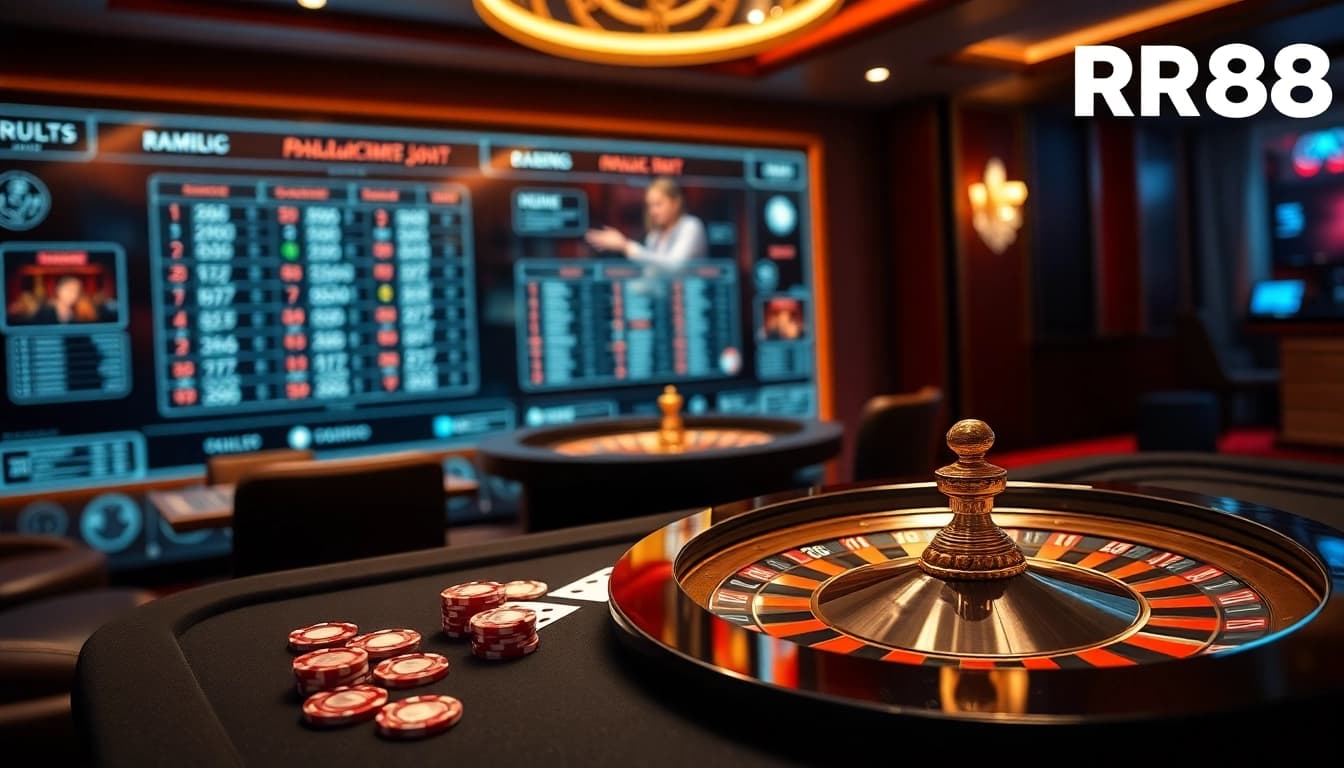 Experience the excitement of RR88 casino with vibrant poker chips and luxurious gaming tables.
