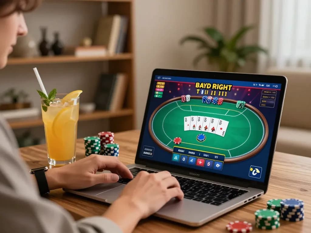 Player engages in online gaming at f8betlv with laptop displaying poker, in a cozy home setting.