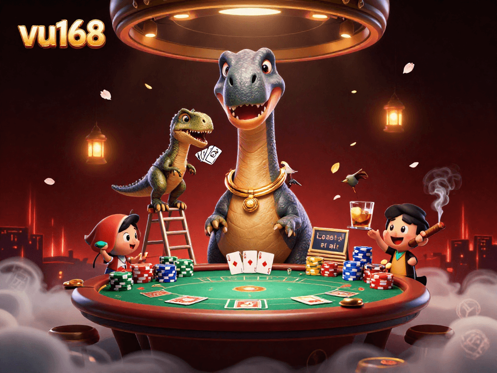 Experience thrilling gameplay at vu168 with a giant brontosaurus overseeing a vibrant casino scene.