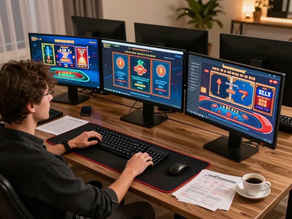 Engaged player using tablet and notes for strategic online gaming with 789F.