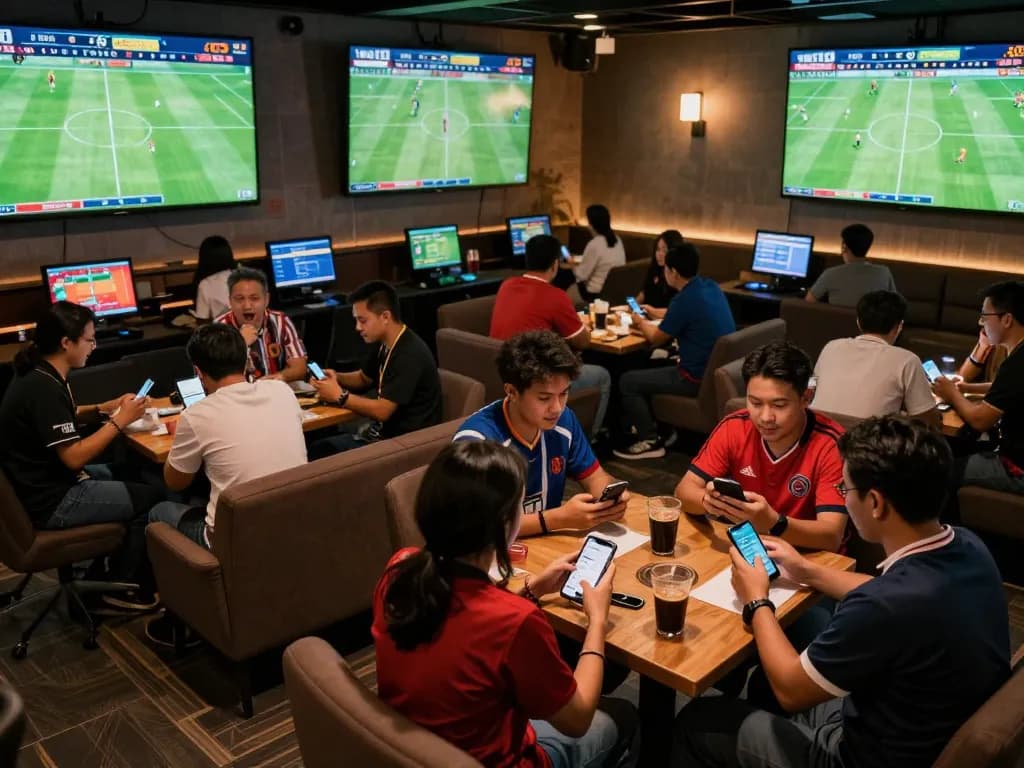 Captivating scene of sports betting enthusiasts engaging with tỷ lệ kèo nhà cái on their smartphones in a lively lounge atmosphere.