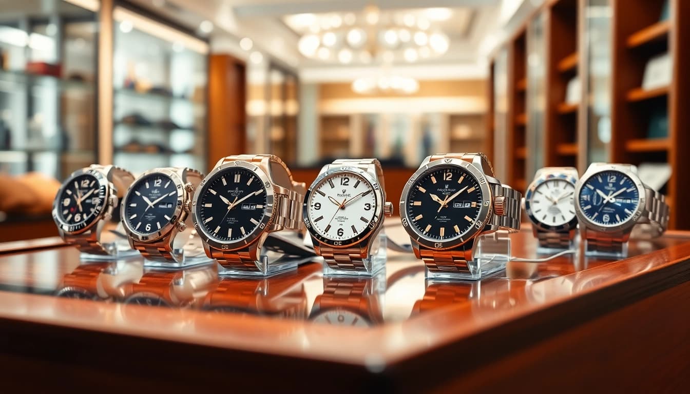 Showcase high-quality replica watches in an elegant boutique setting, emphasizing luxury and craftsmanship.