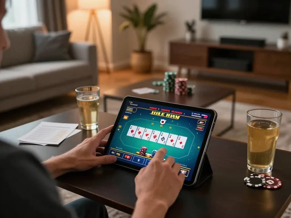 Engaged player using Sun win app on tablet for online casino poker game.