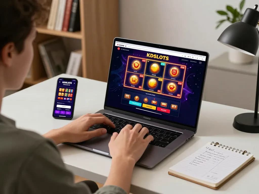 Engaging online session at KDSLOTS with vibrant slot games displayed on a laptop, showcasing responsible gaming.