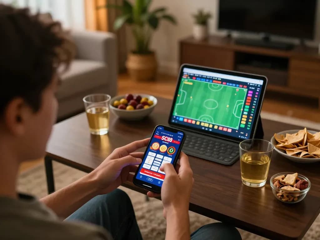 Engaging with SC88 mobile casino app during a cozy home gaming session