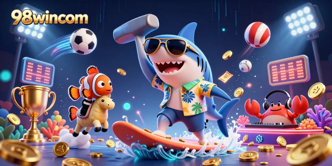 Win big with 98wincom in a vibrant underwater casino scene filled with dynamic gaming elements.