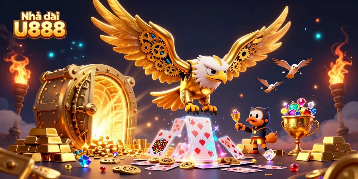 Bet on thrilling excitement with Nhà cái U888 as the golden eagle dives through vibrant holographic cards.