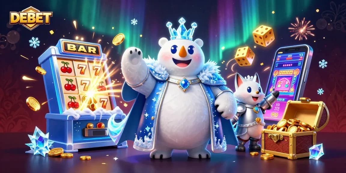 DEBET showcases the ice king polar bear and snow fox against vibrant casino elements.