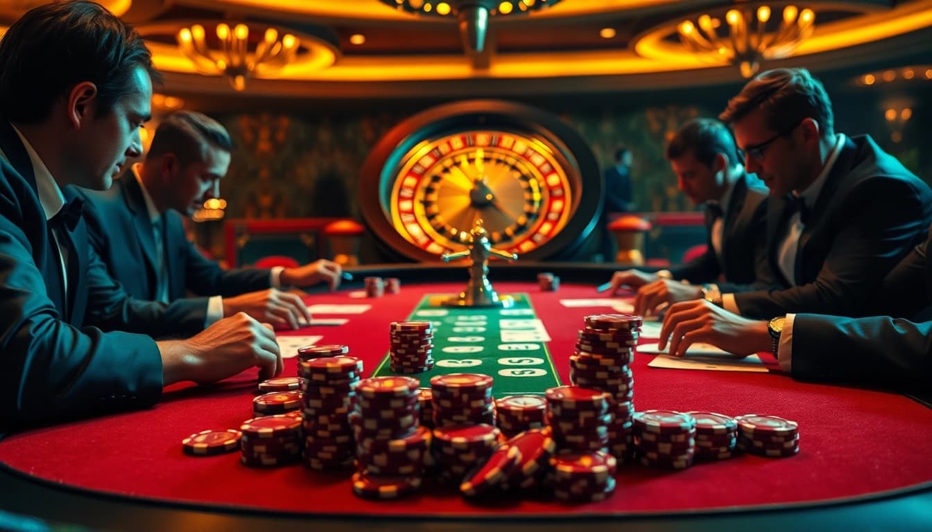 Tylebongda poker game scene highlighting professional players and vibrant chips.
