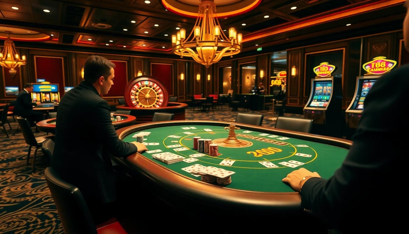 Experience high-stakes betting at Fb68 with a luxurious poker table and roulette wheel.