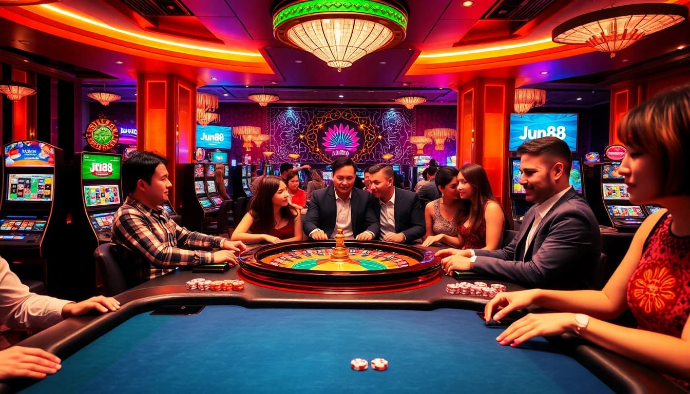 Experience excitement at Jun88 casino with vibrant gaming tables, slots, and players enjoying their bets.