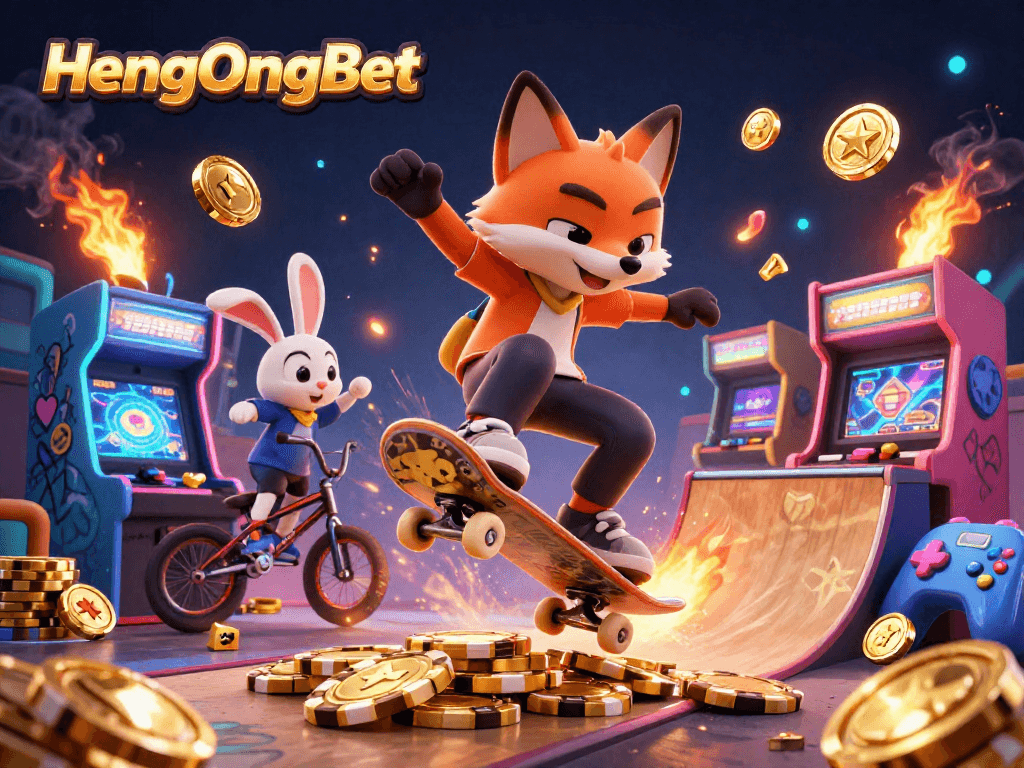 Experience thrilling gaming adventures with HengOngBet's vibrant casino-themed 3D illustration, showcasing dynamic characters.