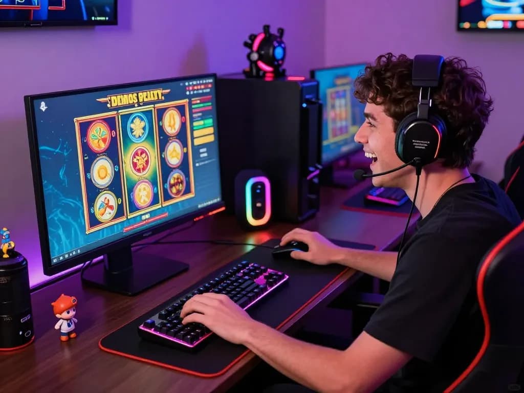 Pemain menikmati demo slot pada setup permainan dengan grafis yang mencolok dan aksesori.