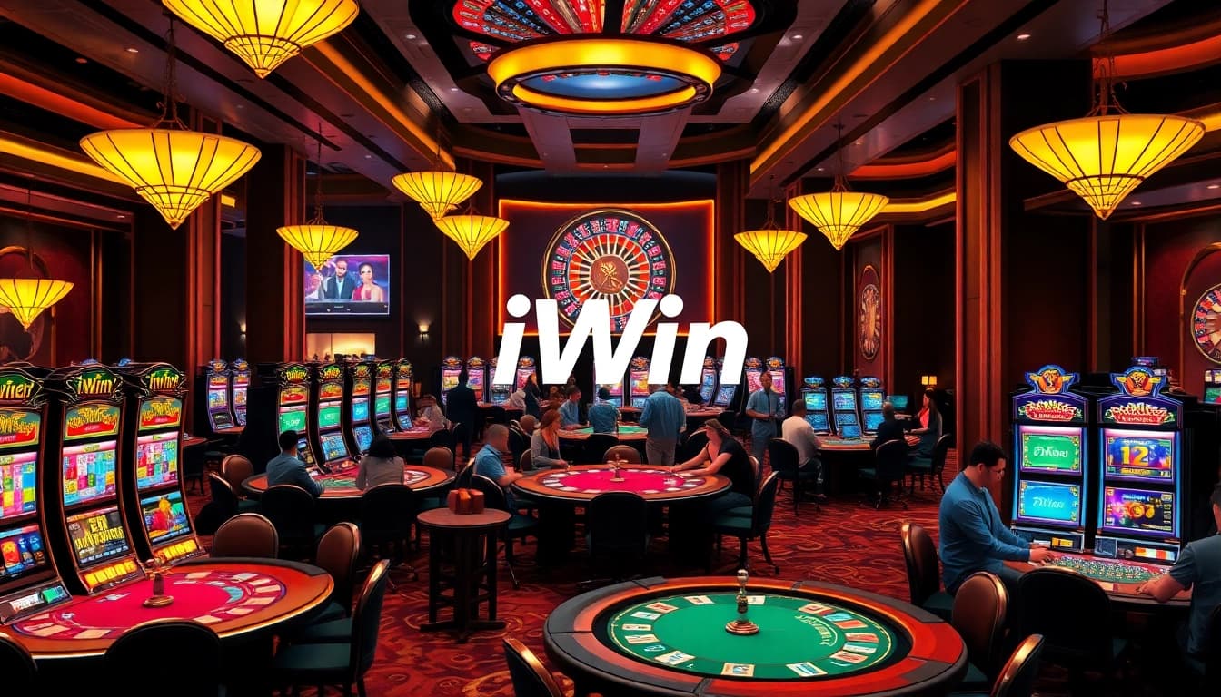 iWin logo displayed in an engaging casino scene with players at tables and vibrant slot machines.
