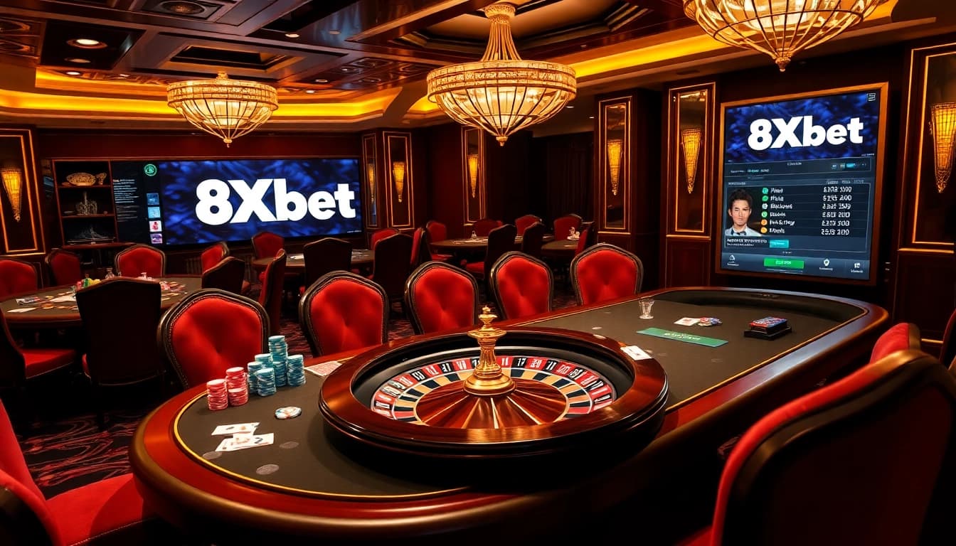 Engaging casino scene showcasing 8Xbet with players at a high-stakes poker table.