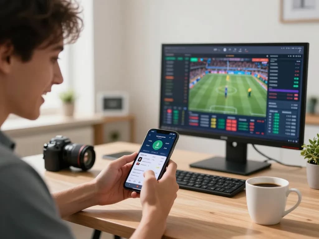 Household sports betting with smartphone app at home, showcasing nhà cái 8xbet for strategic wagering.