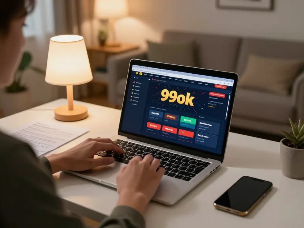 Person engaging in online betting at 99ok from a stylish home workspace, laptop displaying casino interface and betting notes.