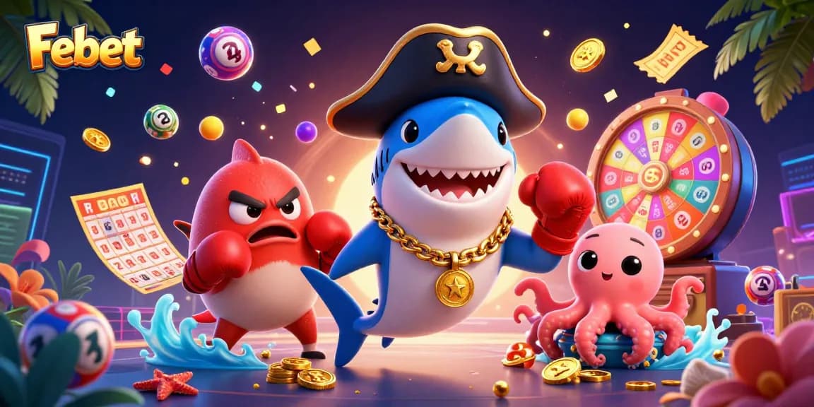 Win big with Febet as vibrant casino elements surround cheerful 3D characters in a festive setting.