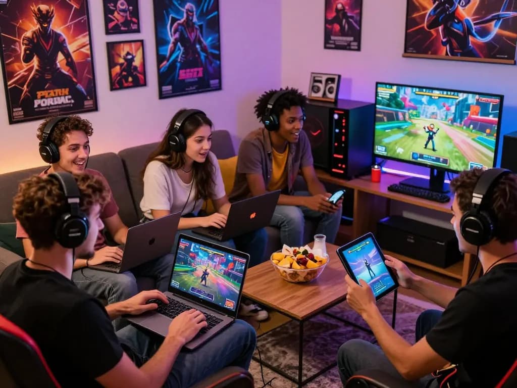 Engaging gamers playing html porn games on various devices in a vibrant gaming room.