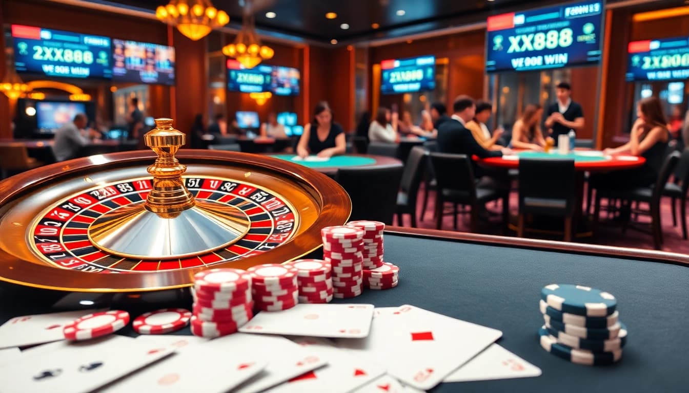 Experience the thrill of gambling with xx88 win, featuring high-stakes cards and vibrant casino decor.