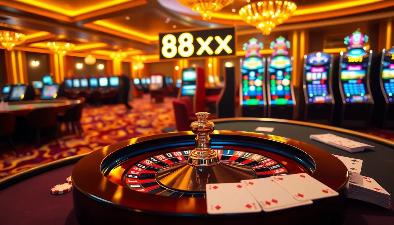 Experience the thrilling excitement of gambling with 88xx in a luxurious casino setting featuring a roulette wheel.