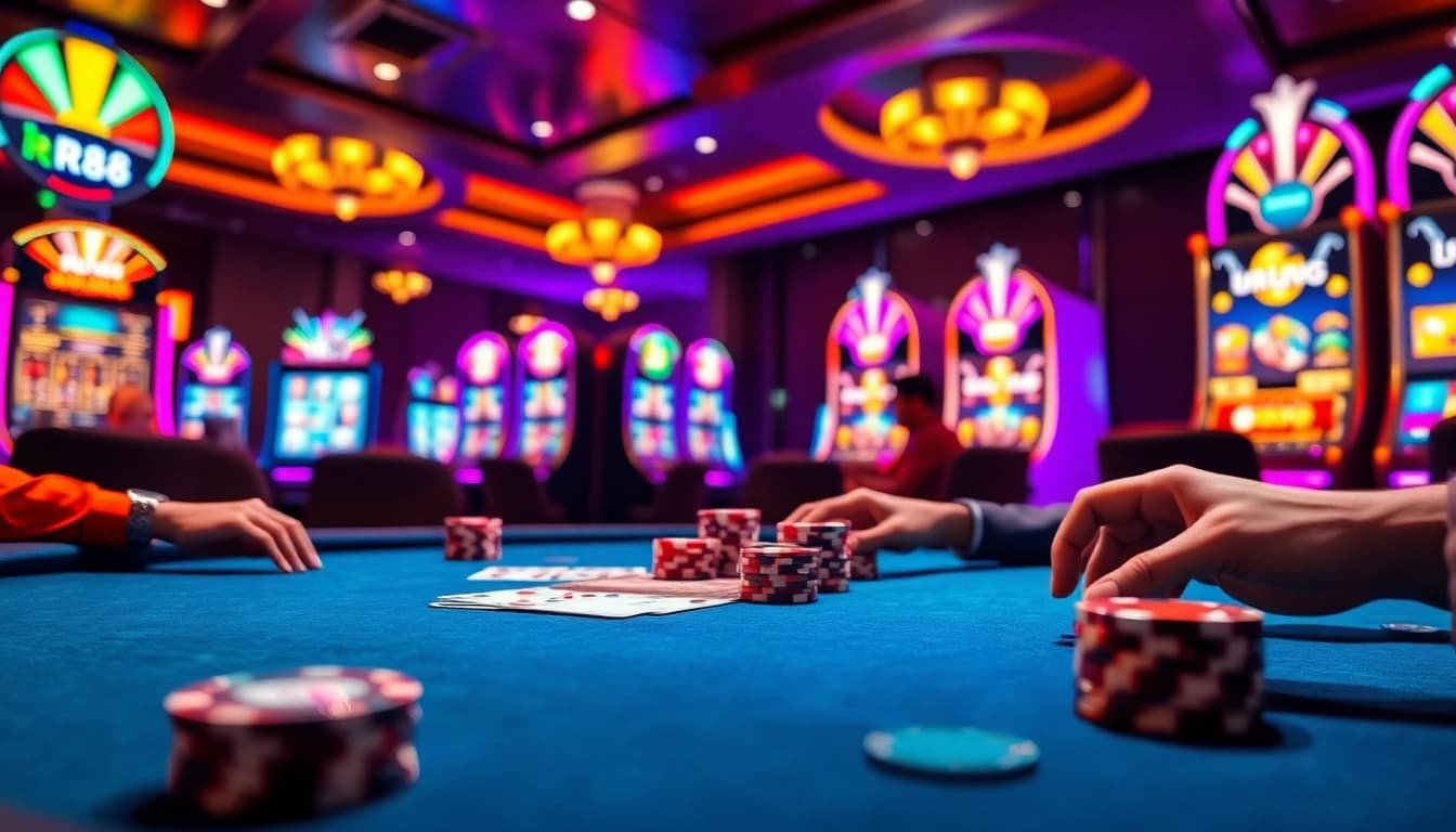 Experience the excitement of RR88 casino with players engaged in poker and vibrant slot machines in the background.