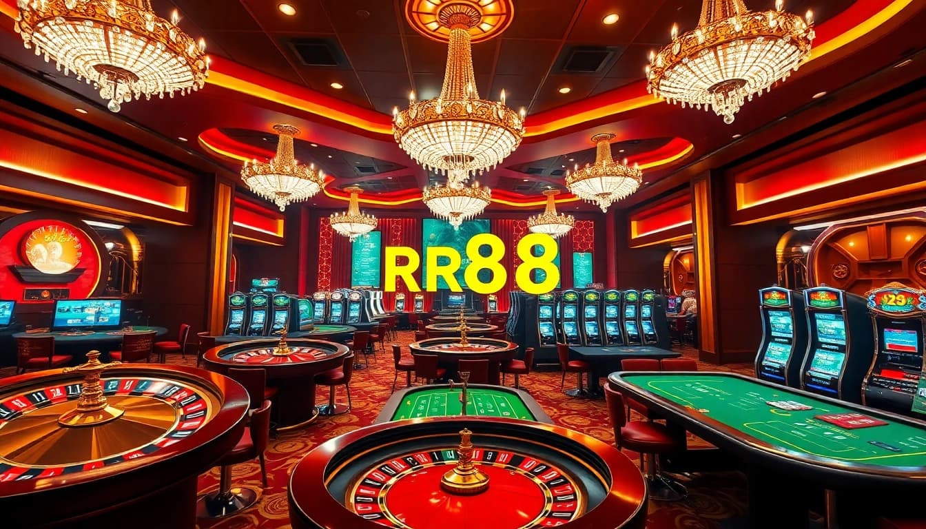 Experience the thrill of gambling at nhà cái rr88, with vibrant casino tables and slot machines.