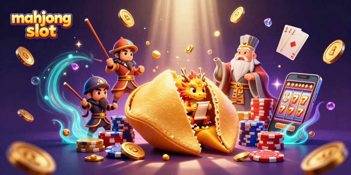 Experience the thrill of mahjong slot with a vibrant casino scene featuring animated characters and gold treasures.