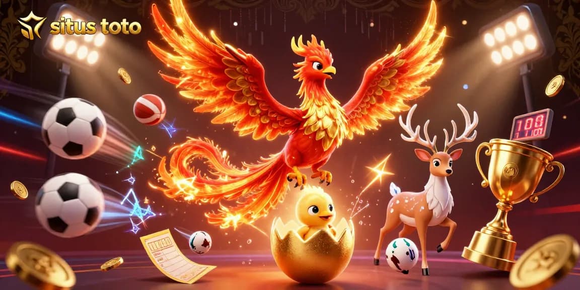 Situs toto showcases a vibrant scene with a phoenix and sports elements, symbolizing vibrant online betting.