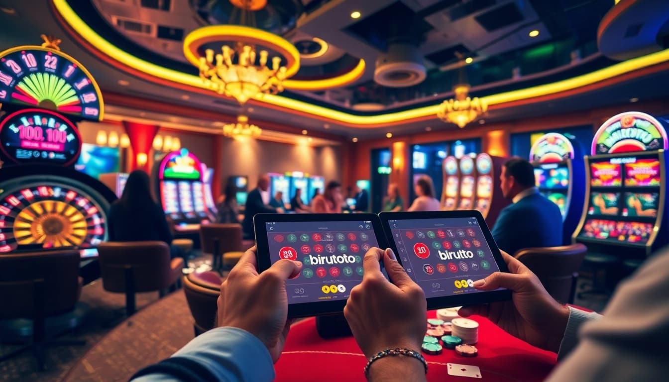 Rasakan permainan yang mendebarkan dengan mesin slot bertema Birutoto dan roda roulette yang berwarna-warni di kasino mewah.