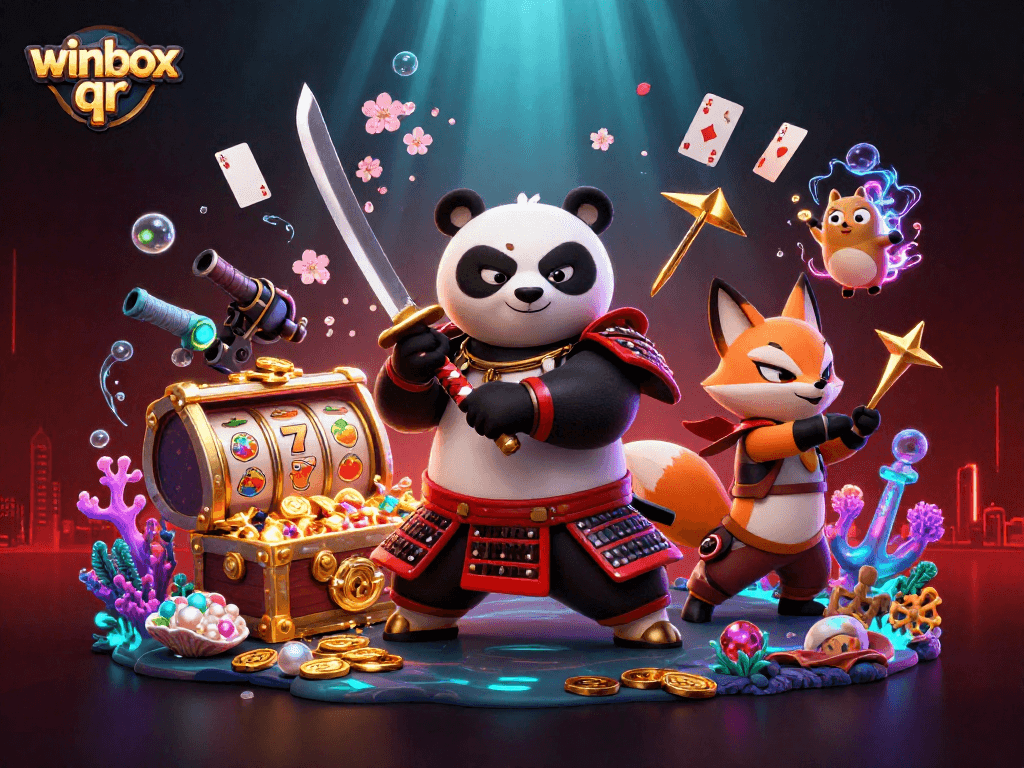Winbox QR enhances your gaming experience with a thrilling 3D samurai panda and vibrant casino elements.