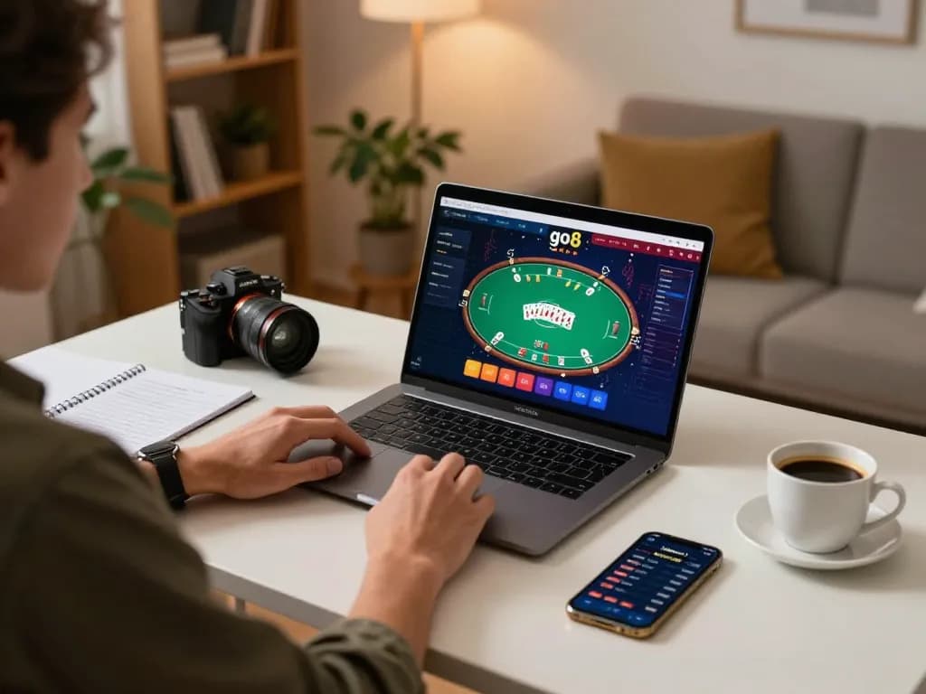 Player strategizing on the go8 online casino interface at home, enhancing betting skills with notes