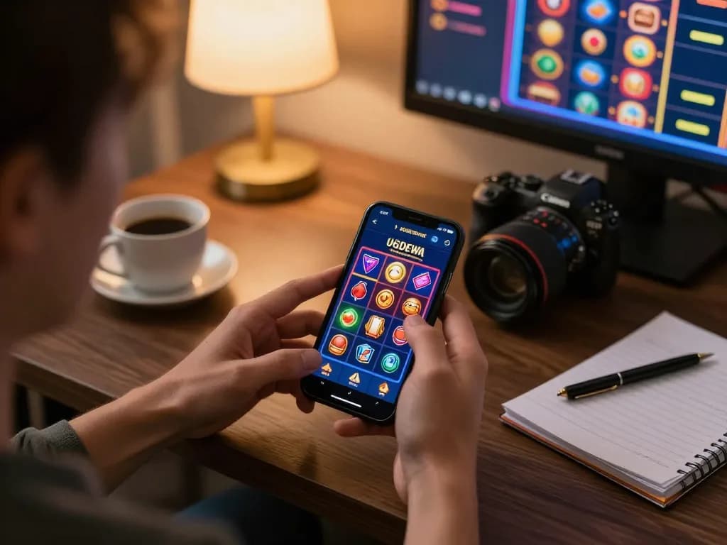 UGDEWA gaming app in action, showcasing vibrant slot machine graphics for an immersive experience.
