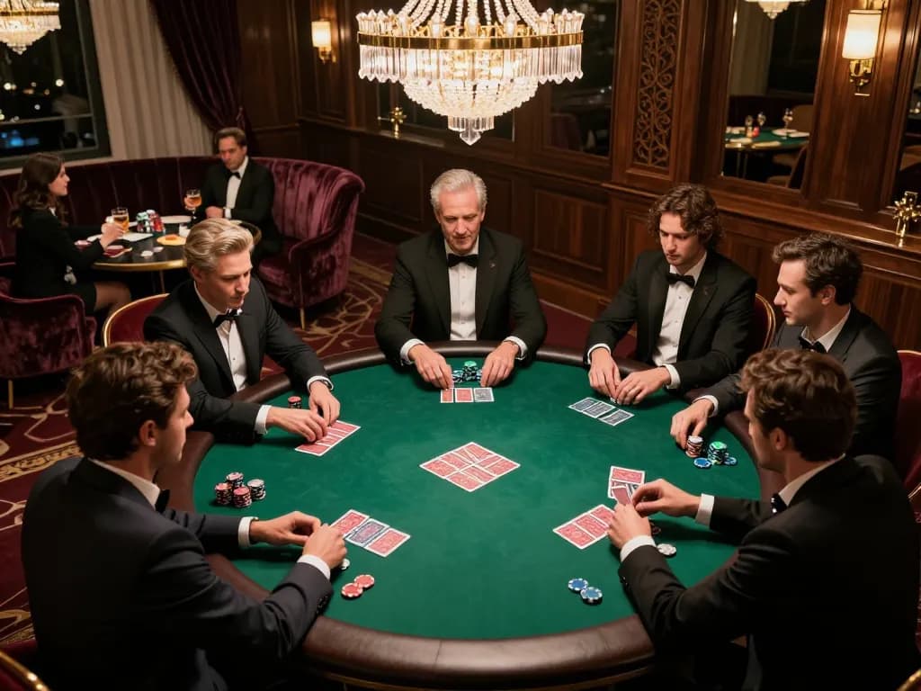 High-stakes poker players at luxury table, showcasing mm88 strategies and intense gameplay.