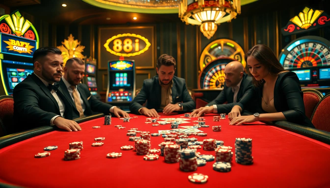 Engaged gamblers playing poker at an 88i casino table surrounded by vibrant slot machines.