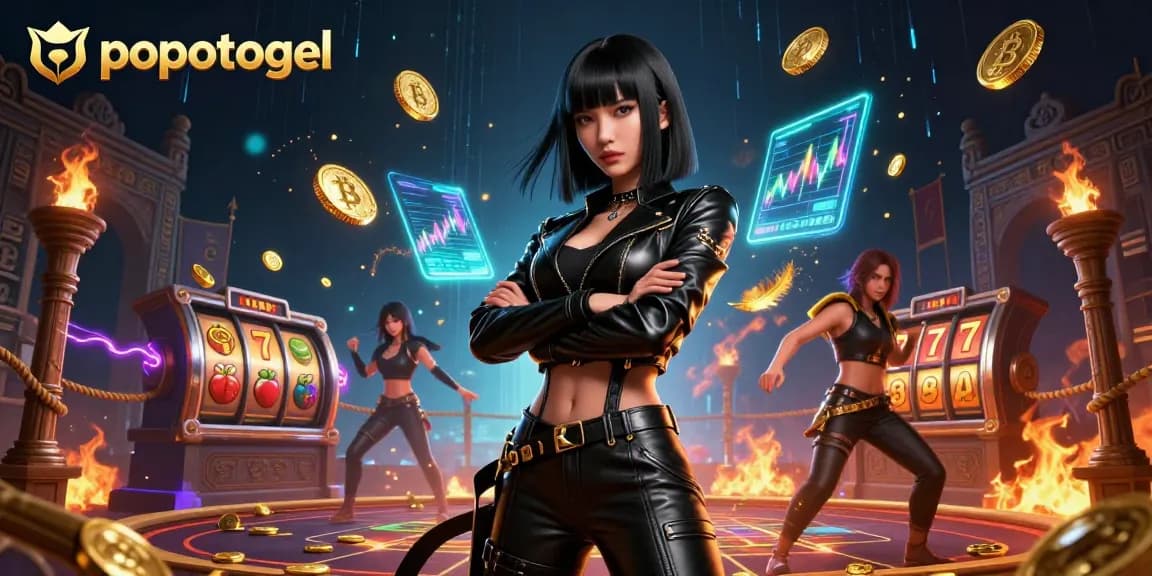 Engage with popotogel in a vibrant casino scene featuring slot reels, gold coins, and neon effects.