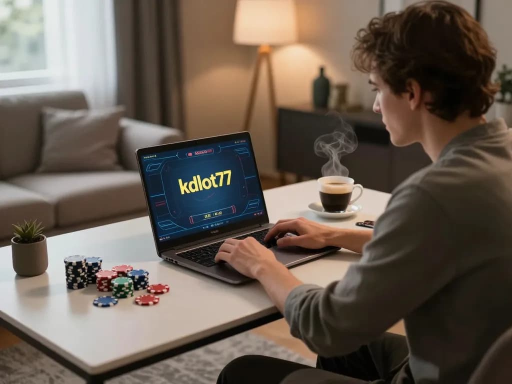 Engaged player using kdslot77 on a laptop that highlights strategic online gambling.