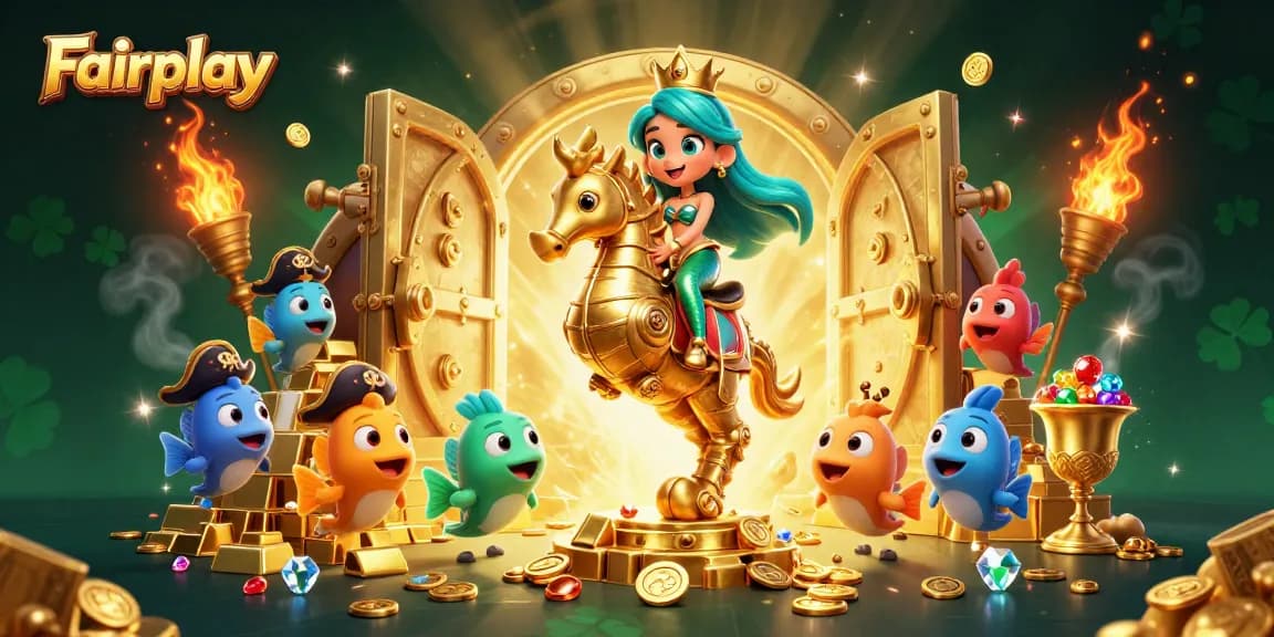 Experience Fairplay through this dynamic 3D illustration filled with casino treasures and vibrant characters.