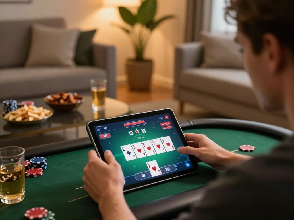 Engaging in strategic poker gameplay using 789BET app on tablet in cozy home setting