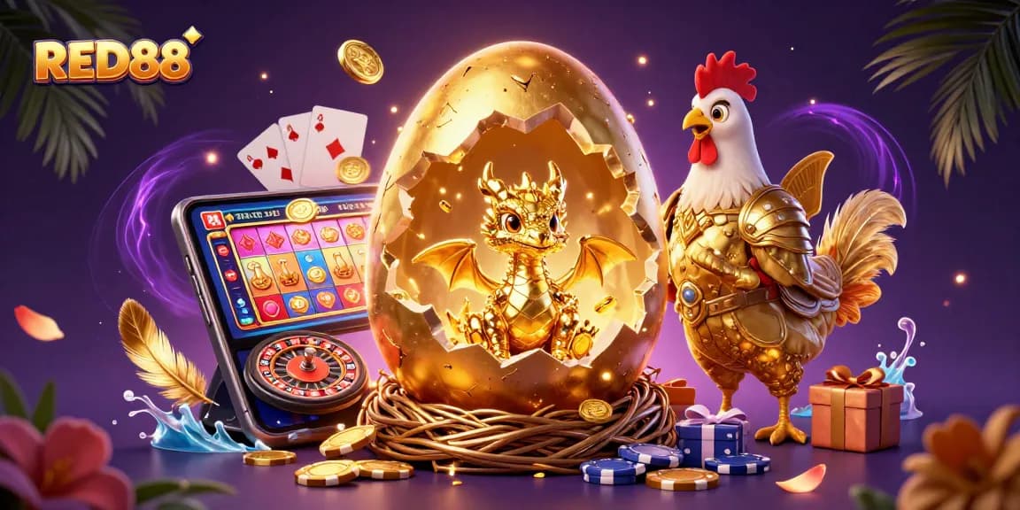 Engage in thrilling gameplay with RED88's colorful slot games and golden dragon motifs.