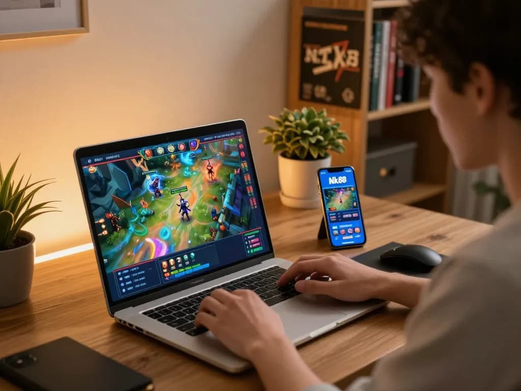 Player engaged in the Nk88 game on a laptop, showcasing a dynamic online gaming environment with strategic play.