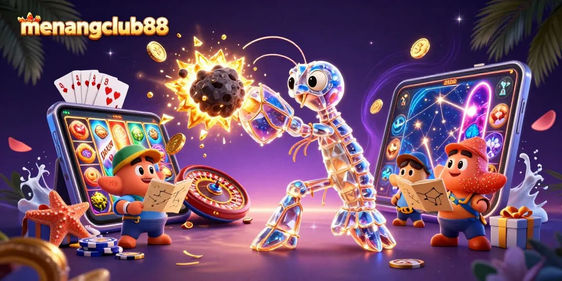 Win at menangclub88 with a vibrant scene of characters and gambling elements engulfed in dynamic action.