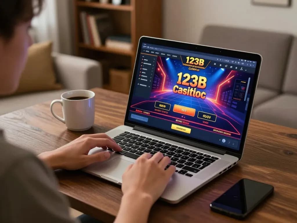 Engaging with the 123B chính thức online casino platform from a cozy home setup, showcasing strategic gaming.