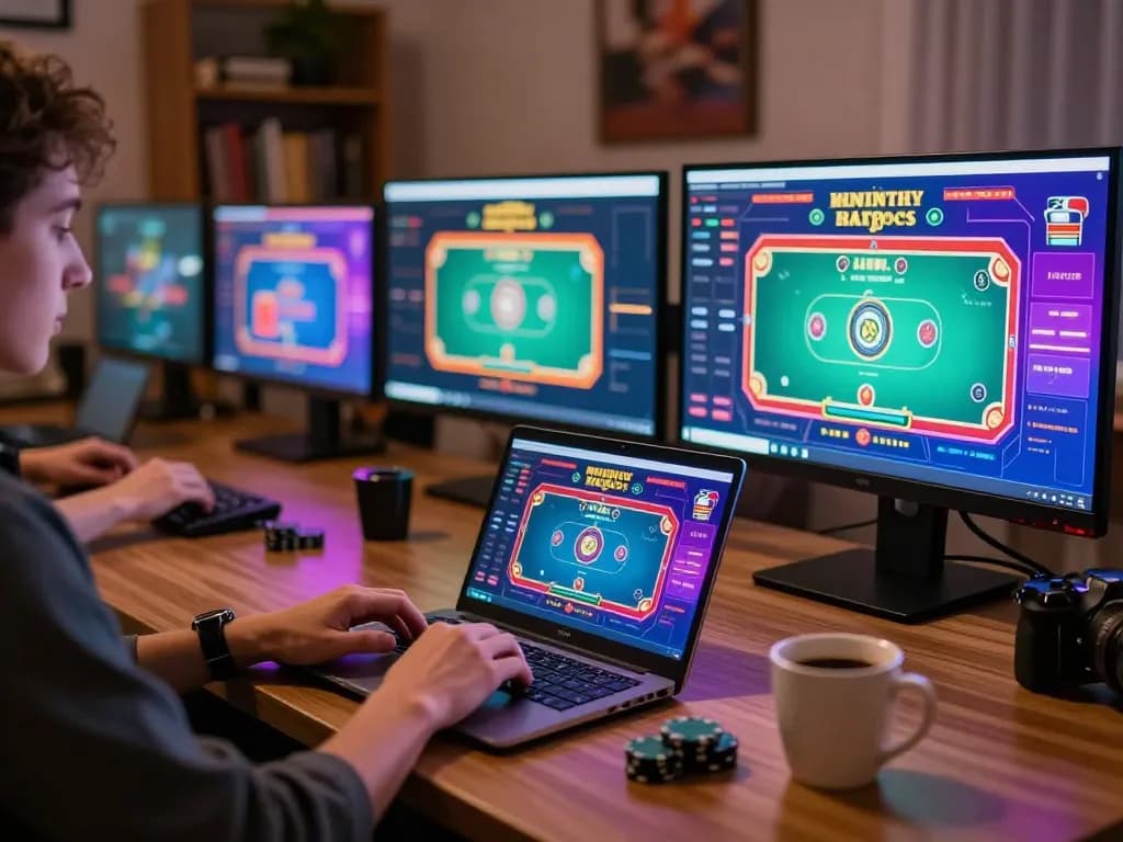 Person engaged in online poker at home showcasing XX88 strategy with vibrant setup.