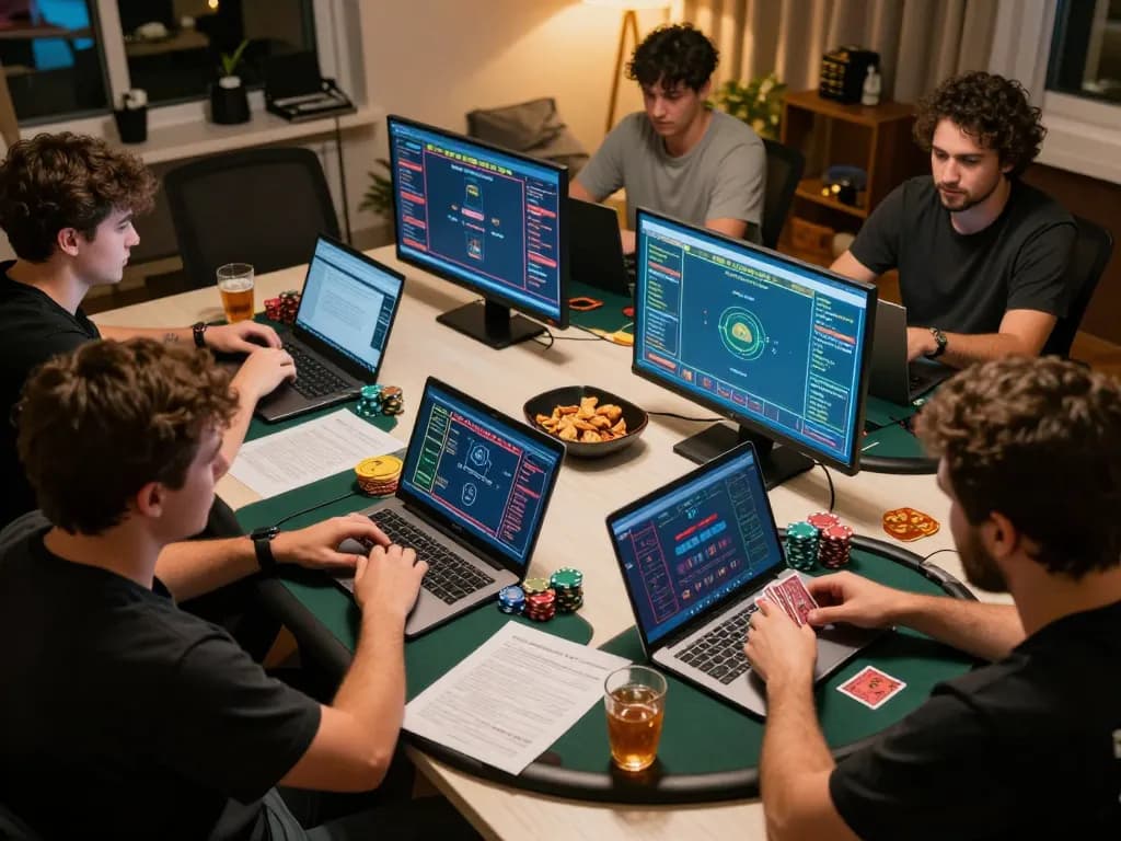 Players enjoying a focused online poker session at home, showcasing F168 gaming strategy.