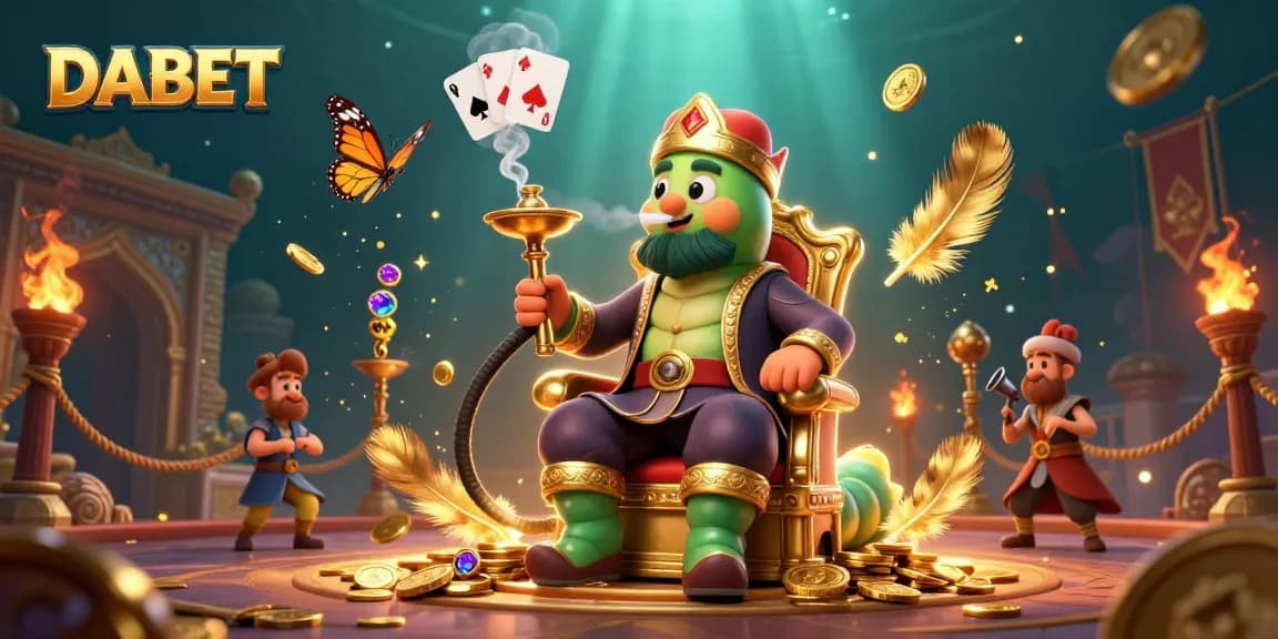 DABET showcases a vibrant 3D casino scene featuring an ornate caterpillar poker master immersed in gambling elements